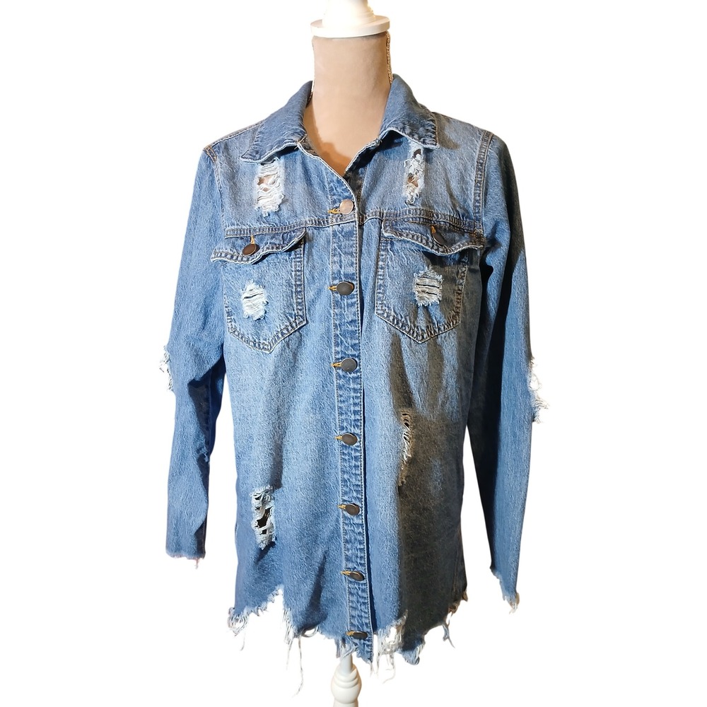 Rue 21 Distressed Denim Shirt Jacket Medium Wash Ripped Frayed Hem Shacket